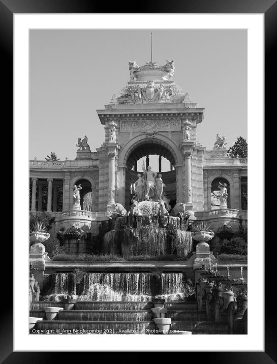 Waterfall at Palais Longchamp from the front in bl Framed Mounted Print by Ann Biddlecombe