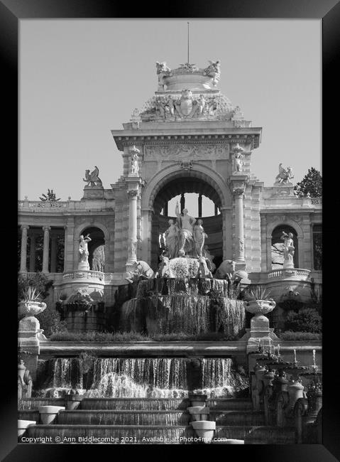 Waterfall at Palais Longchamp from the front in bl Framed Print by Ann Biddlecombe
