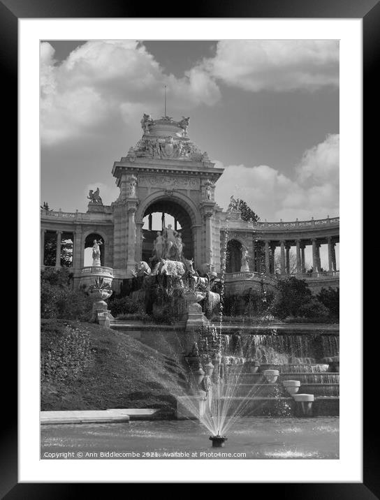 Waterfall at Palais Longchamp from the front left  Framed Mounted Print by Ann Biddlecombe