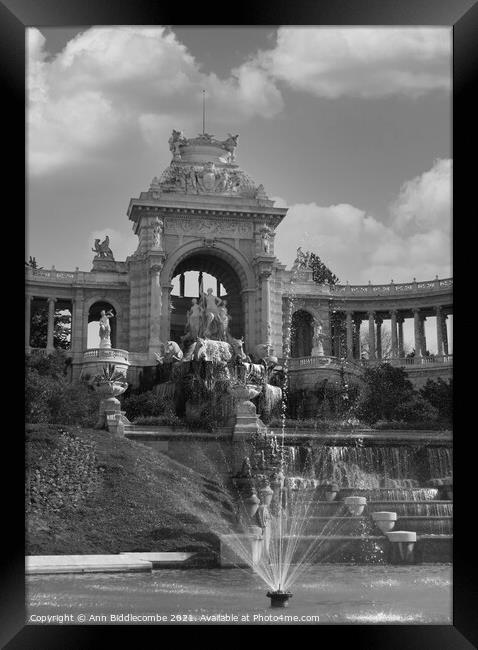 Waterfall at Palais Longchamp from the front left  Framed Print by Ann Biddlecombe