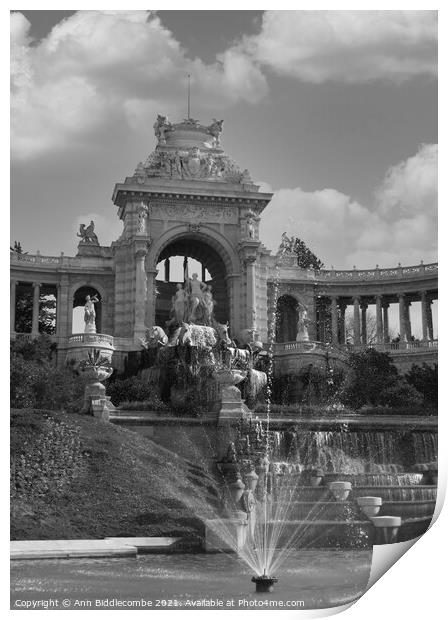 Waterfall at Palais Longchamp from the front left  Print by Ann Biddlecombe