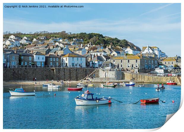Coastal village of Mousehole across the harbour Print by Nick Jenkins