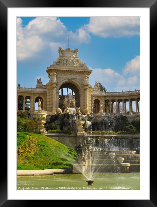 Waterfall at Palais Longchamp from the front left  Framed Mounted Print by Ann Biddlecombe