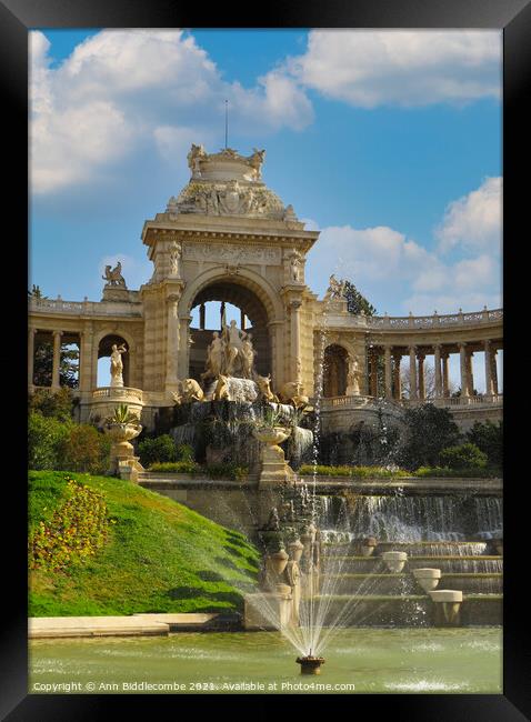 Waterfall at Palais Longchamp from the front left  Framed Print by Ann Biddlecombe
