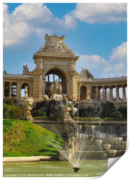 Waterfall at Palais Longchamp from the front left  Print by Ann Biddlecombe