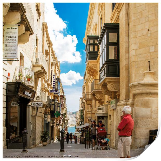 Valletta shops Print by Christopher Kelly