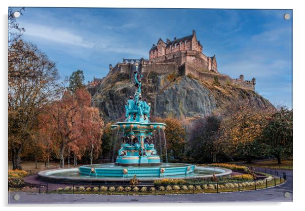 Ross Fountain and Edinburgh Castle Acrylic by John Frid