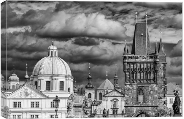 Charles Bridge tower in Prague, Czech Republic (black & white) Canvas Print by Chun Ju Wu