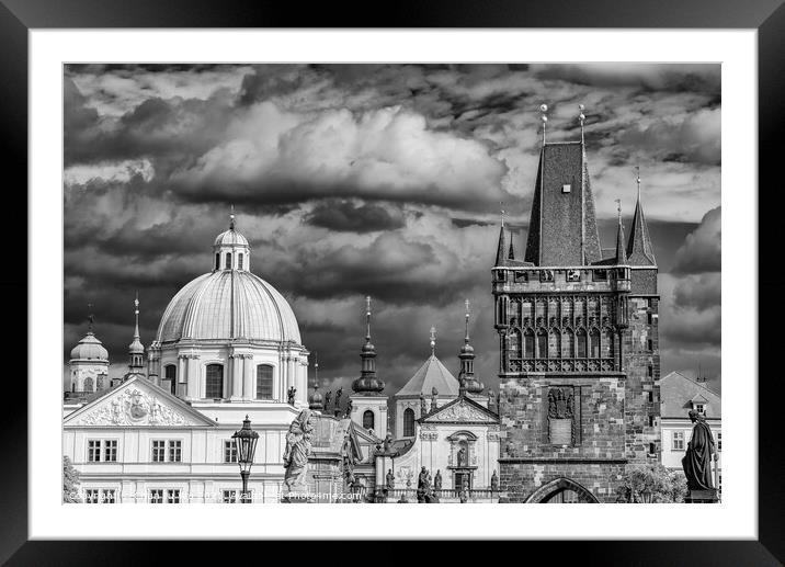 Charles Bridge tower in Prague, Czech Republic (black & white) Framed Mounted Print by Chun Ju Wu