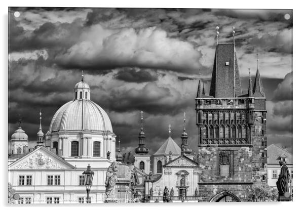 Charles Bridge tower in Prague, Czech Republic (black & white) Acrylic by Chun Ju Wu