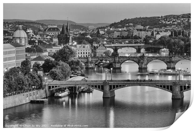 Three bridges in Prague (black & white) Print by Chun Ju Wu