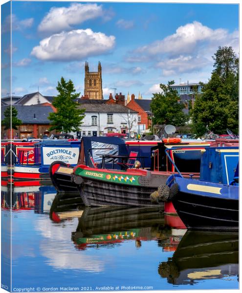 Canal Boats on Worcester Canal  with Worcester Cathedral in the background Canvas Print by Gordon Maclaren