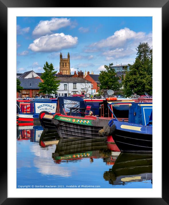 Canal Boats on Worcester Canal  with Worcester Cathedral in the background Framed Mounted Print by Gordon Maclaren