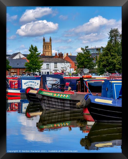 Canal Boats on Worcester Canal  with Worcester Cathedral in the background Framed Print by Gordon Maclaren