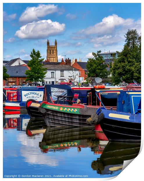 Canal Boats on Worcester Canal  with Worcester Cathedral in the background Print by Gordon Maclaren