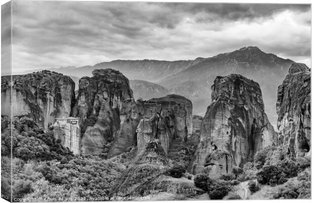 Landscape of monastery in Meteora (black & white) Canvas Print by Chun Ju Wu