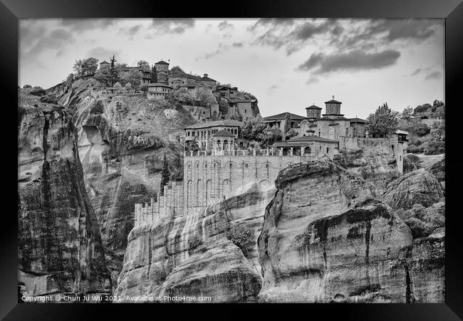 Landscape of monastery in Meteora (black & white) Framed Print by Chun Ju Wu
