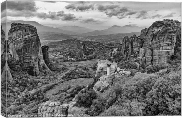 Landscape of monastery and rock formation in Meteora, Greece Canvas Print by Chun Ju Wu