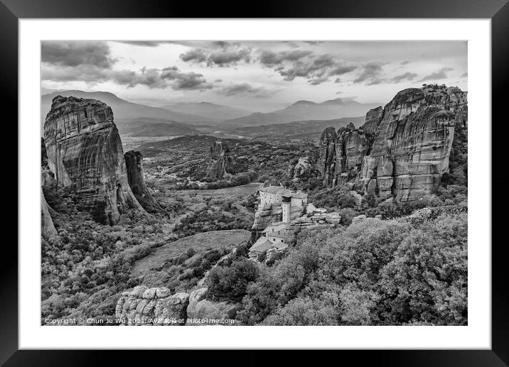 Landscape of monastery and rock formation in Meteora, Greece Framed Mounted Print by Chun Ju Wu