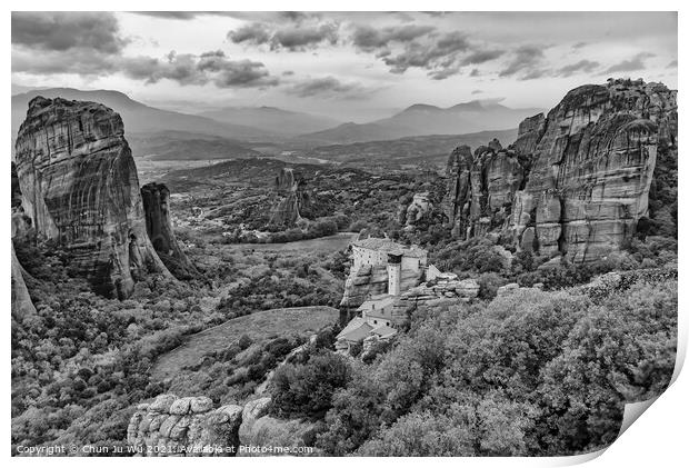 Landscape of monastery and rock formation in Meteora, Greece Print by Chun Ju Wu