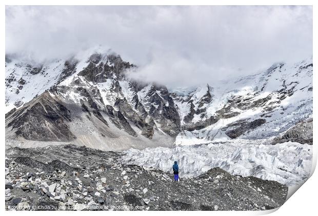 A man standing in front of the glacier at Himalayas mountain range in Nepal Print by Chun Ju Wu