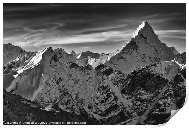 Snow mountains of Himalayas in Nepal (black and white) Print by Chun Ju Wu