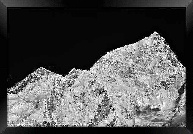 Mount Everest and Lhotse, two of the highest mountains in the world, of Himalayas in Nepal (black and white) Framed Print by Chun Ju Wu