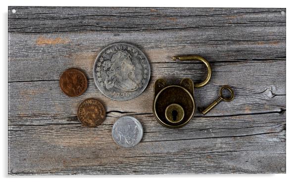 Close up of open antique coins and lock on weather Acrylic by Thomas Baker