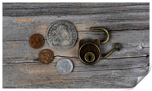 Close up of open antique coins and lock on weather Print by Thomas Baker
