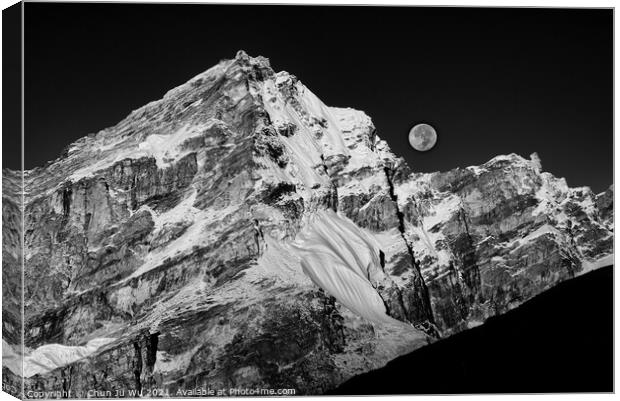 Moon and snow mountains of Himalayas in Nepal (black and white) Canvas Print by Chun Ju Wu