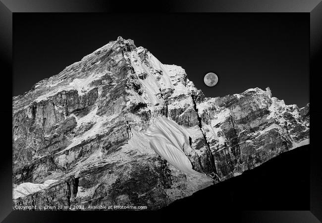 Moon and snow mountains of Himalayas in Nepal (black and white) Framed Print by Chun Ju Wu