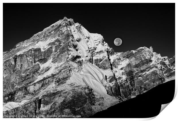 Moon and snow mountains of Himalayas in Nepal (black and white) Print by Chun Ju Wu