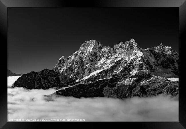 Snow mountains of Himalayas above clouds in Nepal (black & white) Framed Print by Chun Ju Wu