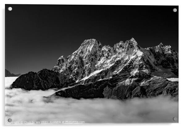 Snow mountains of Himalayas above clouds in Nepal (black & white) Acrylic by Chun Ju Wu