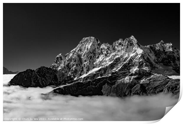 Snow mountains of Himalayas above clouds in Nepal (black & white) Print by Chun Ju Wu