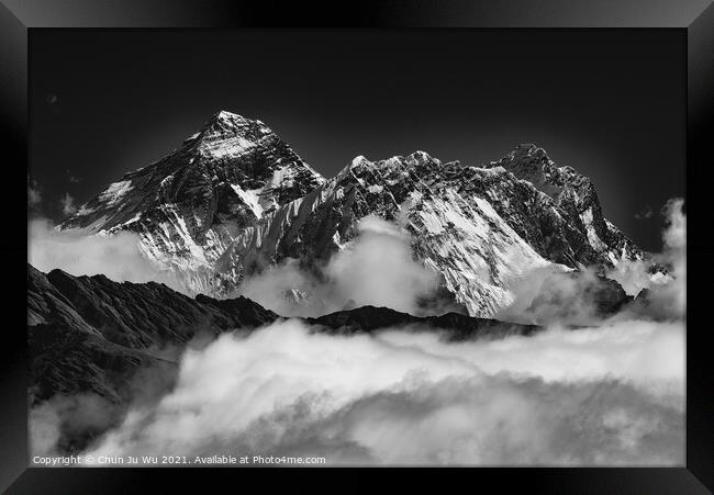 Mount Everest, the highest mountain in the world, of Himalayas in Nepal (black and white) Framed Print by Chun Ju Wu