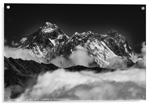 Mount Everest, the highest mountain in the world, of Himalayas in Nepal (black and white) Acrylic by Chun Ju Wu