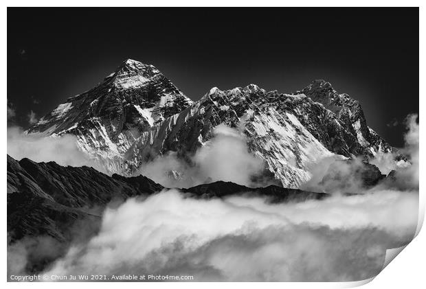 Mount Everest, the highest mountain in the world, of Himalayas in Nepal (black and white) Print by Chun Ju Wu