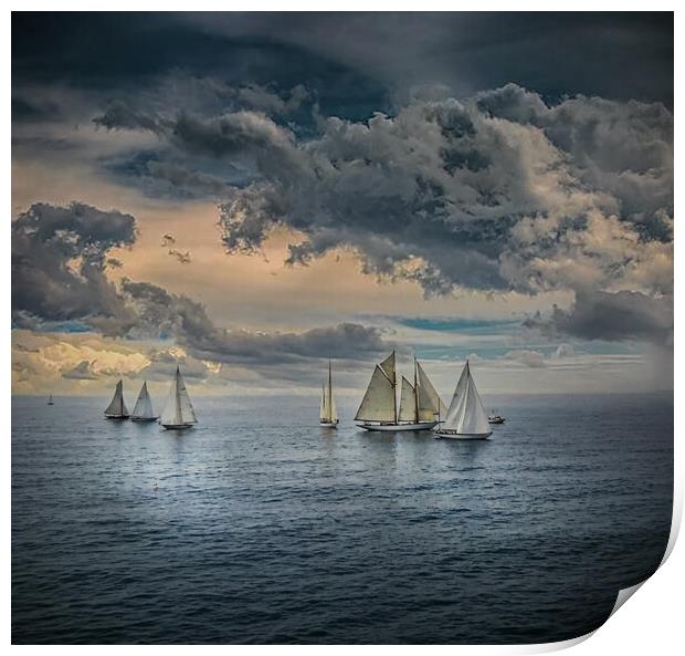 Yachts sailing in calm seas with dramatic skies in Print by Dave Williams
