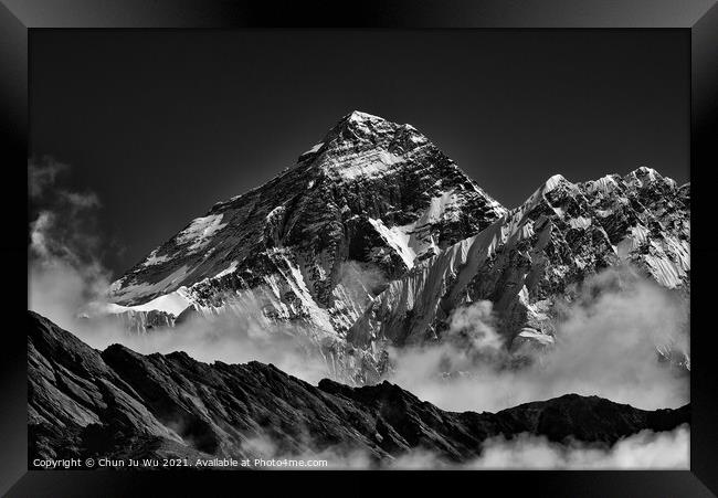Mount Everest, the highest mountain in the world, of Himalayas in Nepal (black and white) Framed Print by Chun Ju Wu