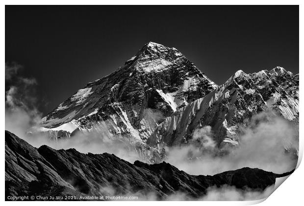 Mount Everest, the highest mountain in the world, of Himalayas in Nepal (black and white) Print by Chun Ju Wu