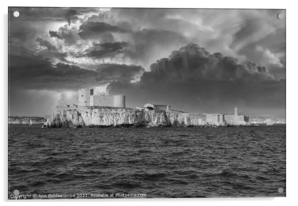 The Chateau d'If  under stormy skys in monochrome Acrylic by Ann Biddlecombe