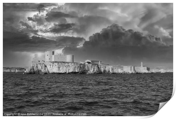 The Chateau d'If  under stormy skys in monochrome Print by Ann Biddlecombe