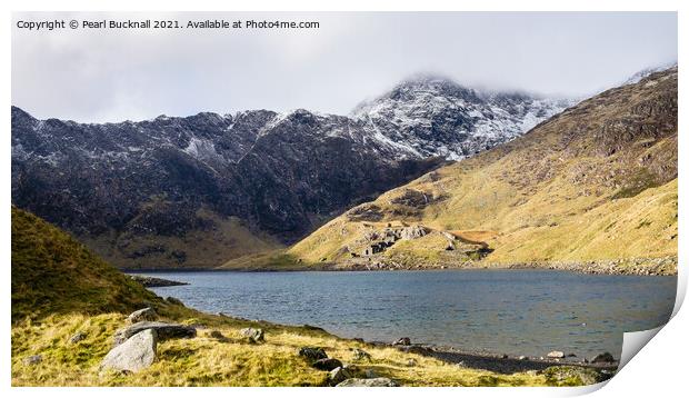 Llyn Llydaw Lake and Mount Snowdon in Snowdonia Print by Pearl Bucknall