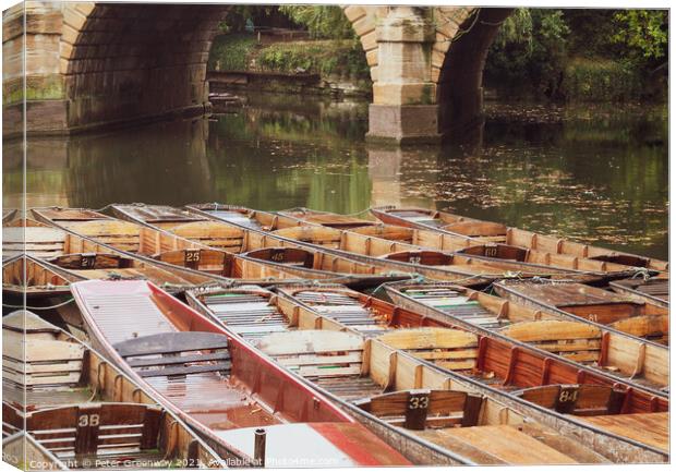 Moored Punts At 'The Head of the River', Oxford Canvas Print by Peter Greenway