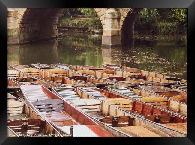 Moored Punts At 'The Head of the River', Oxford Framed Print by Peter Greenway