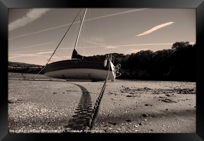 Yacht at New Quay beach Framed Print by Christian Bridgwater