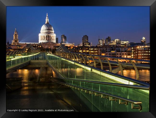 St Pauls Cathedral and Millennium Bridge Framed Print by Lesley Pegrum
