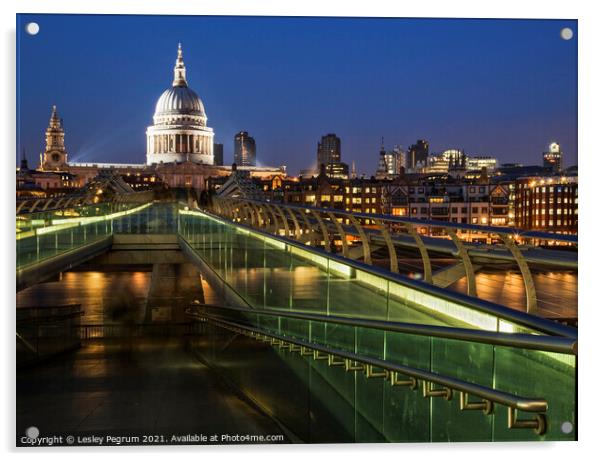 St Pauls Cathedral and Millennium Bridge Acrylic by Lesley Pegrum