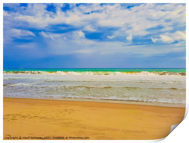 Sand beach wavy sea and cloud sky 1b Print by Hanif Setiawan